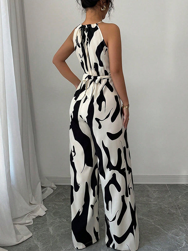 Women's Elegant Wide-Leg Jumpsuit - Halter Neck - Self-Tie Waist - Printed