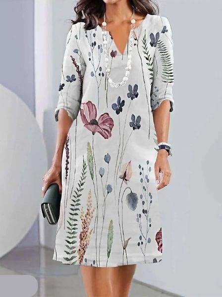 Women's Floral Layered Midi Dress - Party Style - A-Line - V-Neck - 3/4 Sleeve