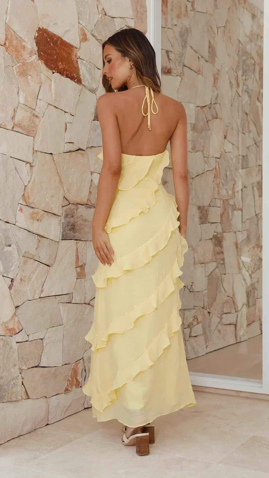 Women's Halter Neck Maxi Dress - Tiered Ruffle Skirt - V-Neck - Sleeveless - Yellow