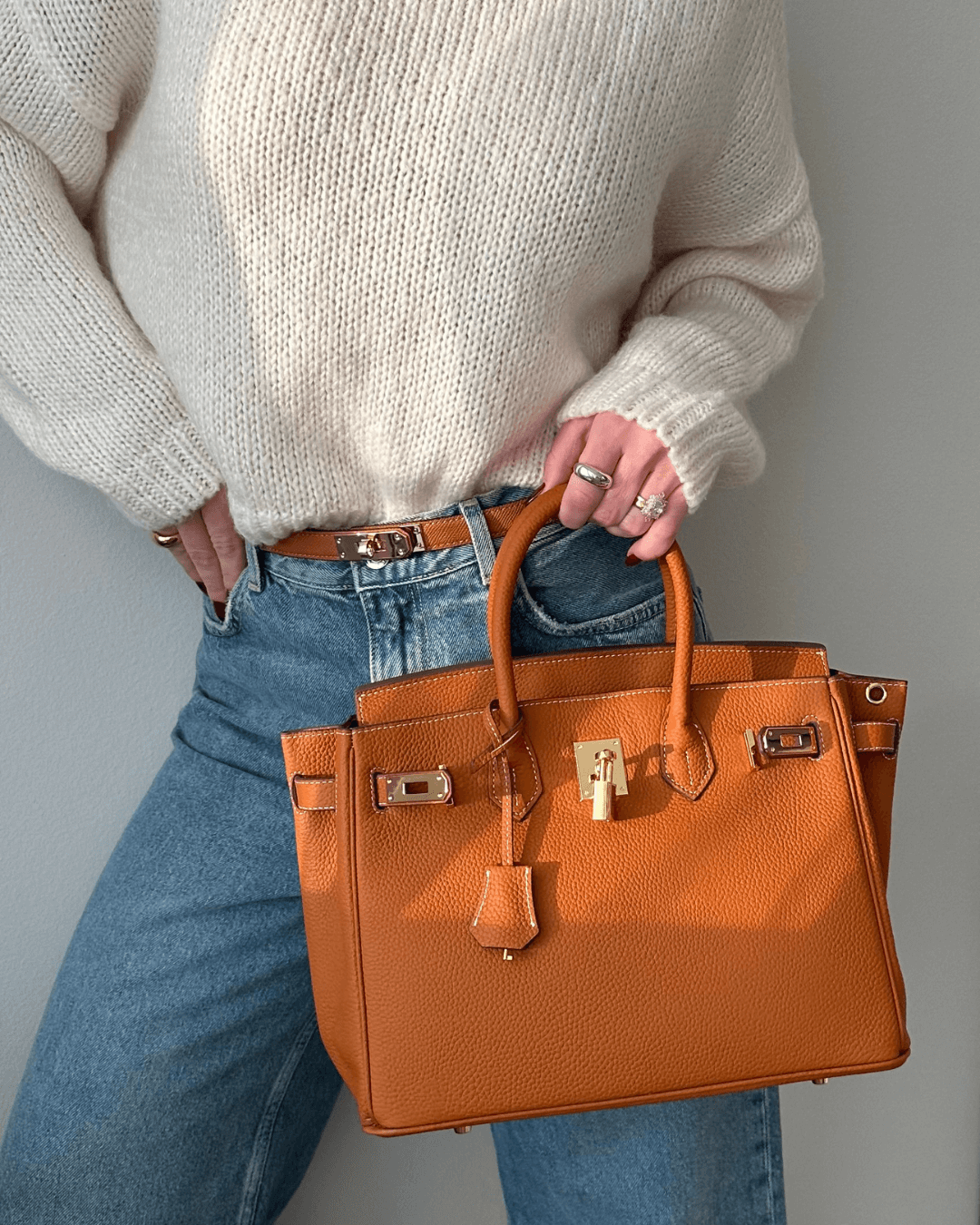 Women's Handbag - Synthetic Leather - Structured - Textured - Gold-tone Lock