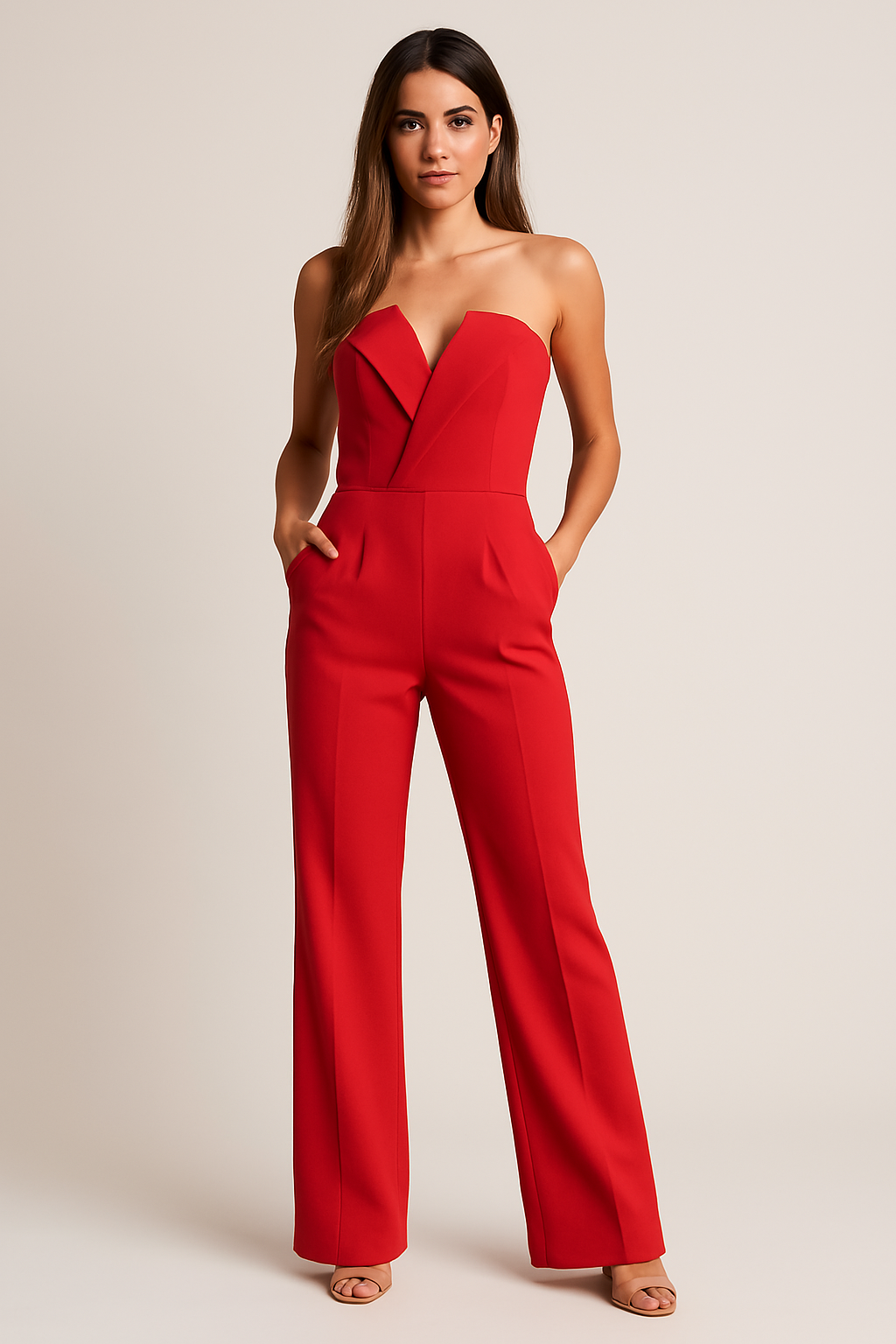 Women's Jumpsuit - V-Neck - Tailored Bodice - Wide-Leg