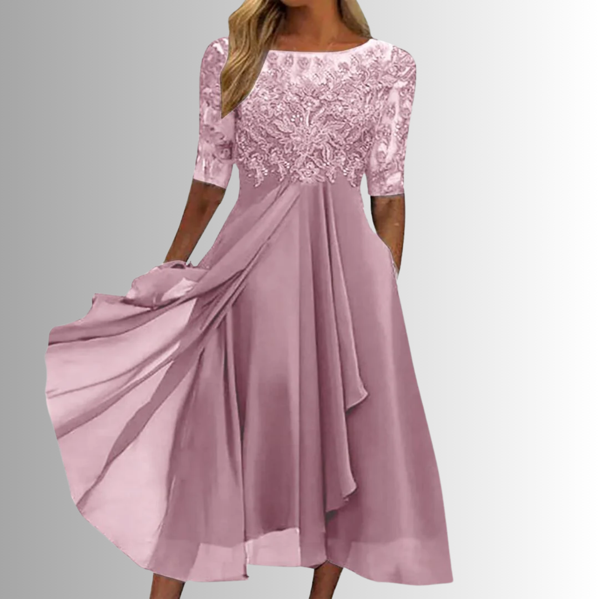 Women's Lace Dress - Formal Occasion - Lace - Flowing Skirt - Closed-Back