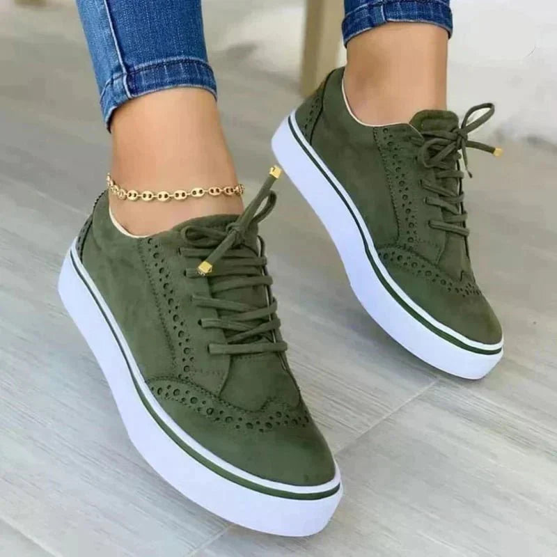 Women's Lace-Up Platform Sneakers - PU - Brogue - Flat Sole