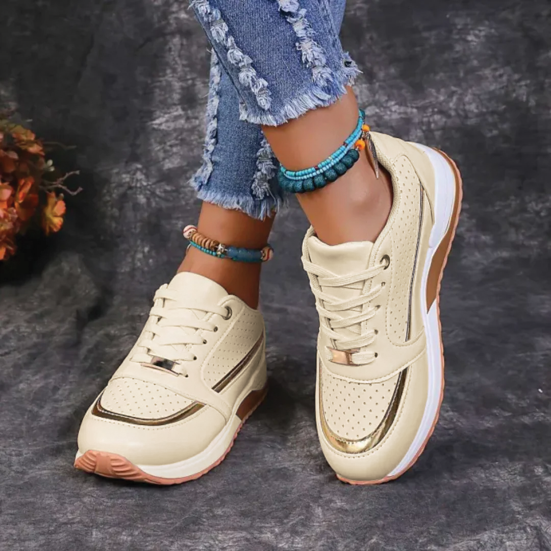 Women's Lace-Up Walking Trainers - Vegan Leather - Low-Top - Perforated