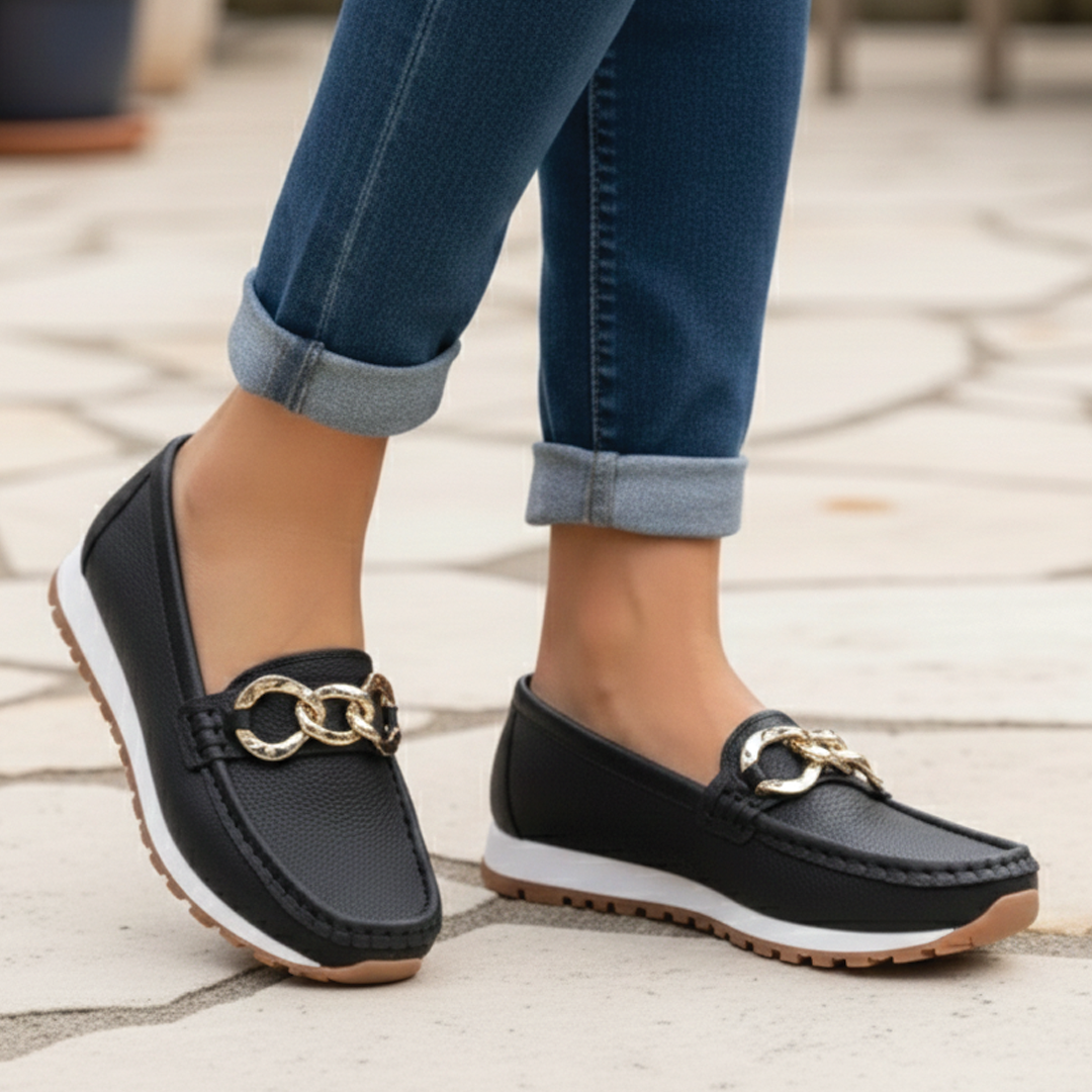 Women's Leather Loafers - Flat Wedge - Slip-on - Buckle