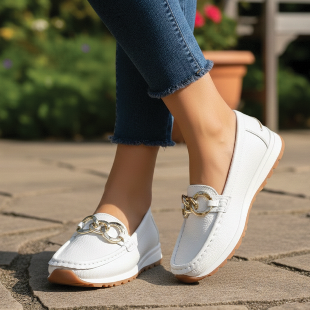 Women's Leather Loafers - Flat Wedge - Slip-on - Buckle