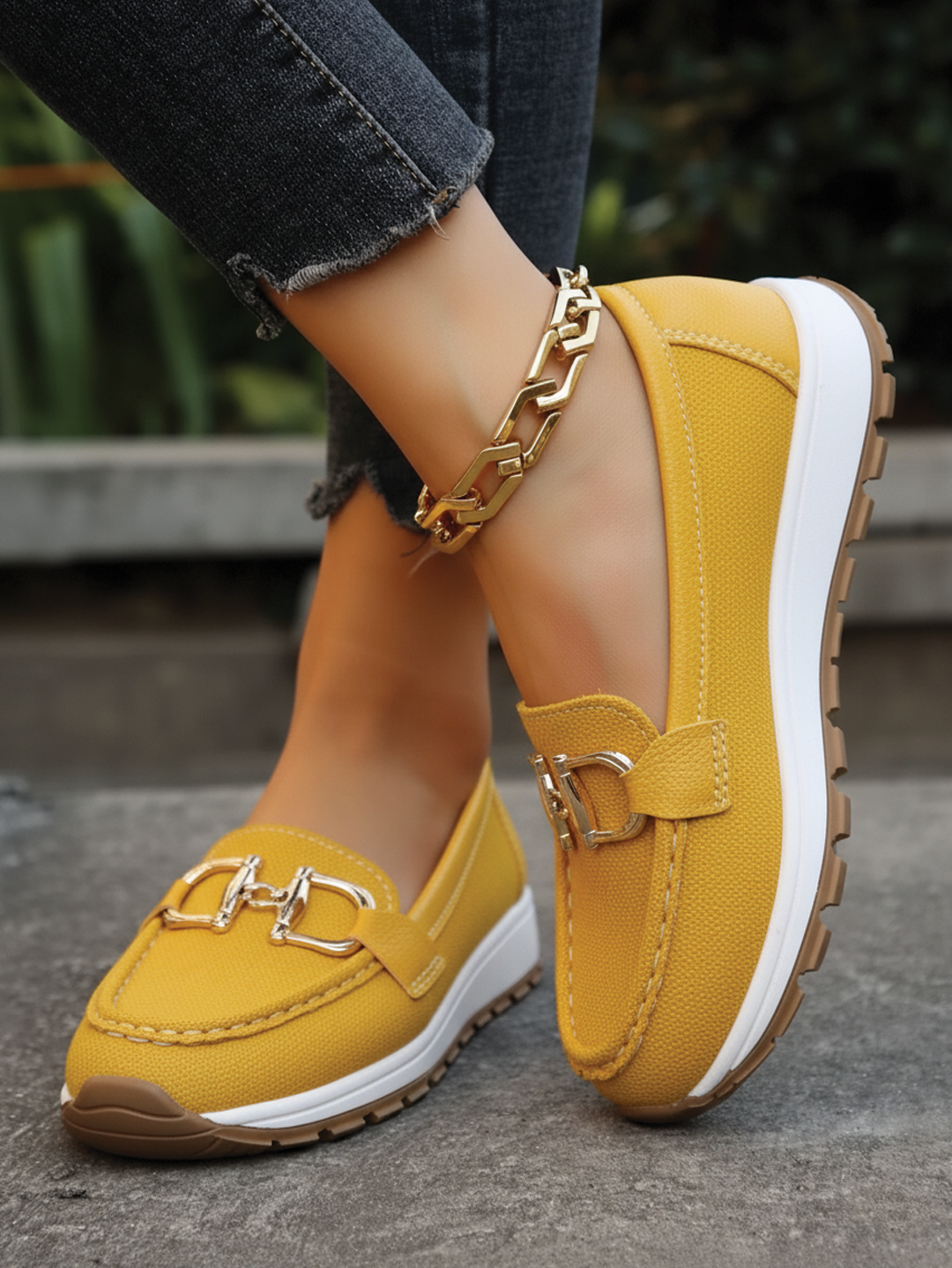 Women's Leather Loafers - Flat Wedge - Slip-on - Buckle