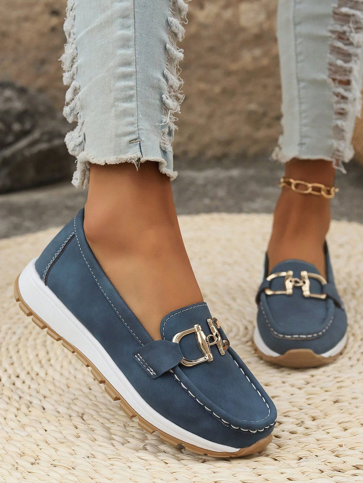 Women's Leather Loafers - Flat Wedge - Slip-on - Buckle