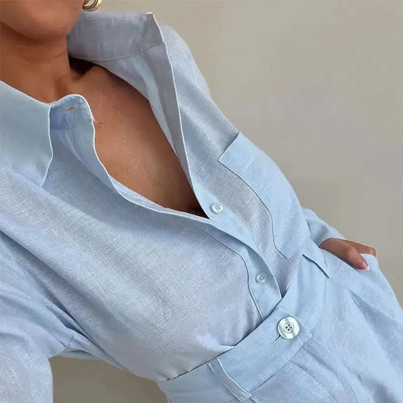 Women's Linen Shirt and Shorts Set - Oversized Relaxed Fit - Button-Down - High-Waist