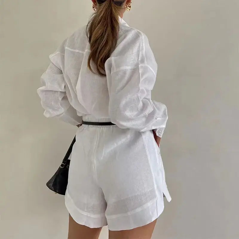 Women's Linen Shirt and Shorts Set - Oversized Relaxed Fit - Button-Down - High-Waist