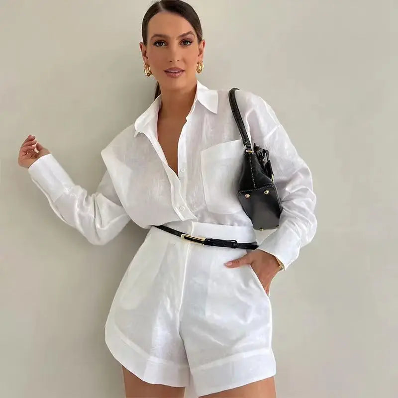 Women's Linen Shirt and Shorts Set - Oversized Relaxed Fit - Button-Down - High-Waist