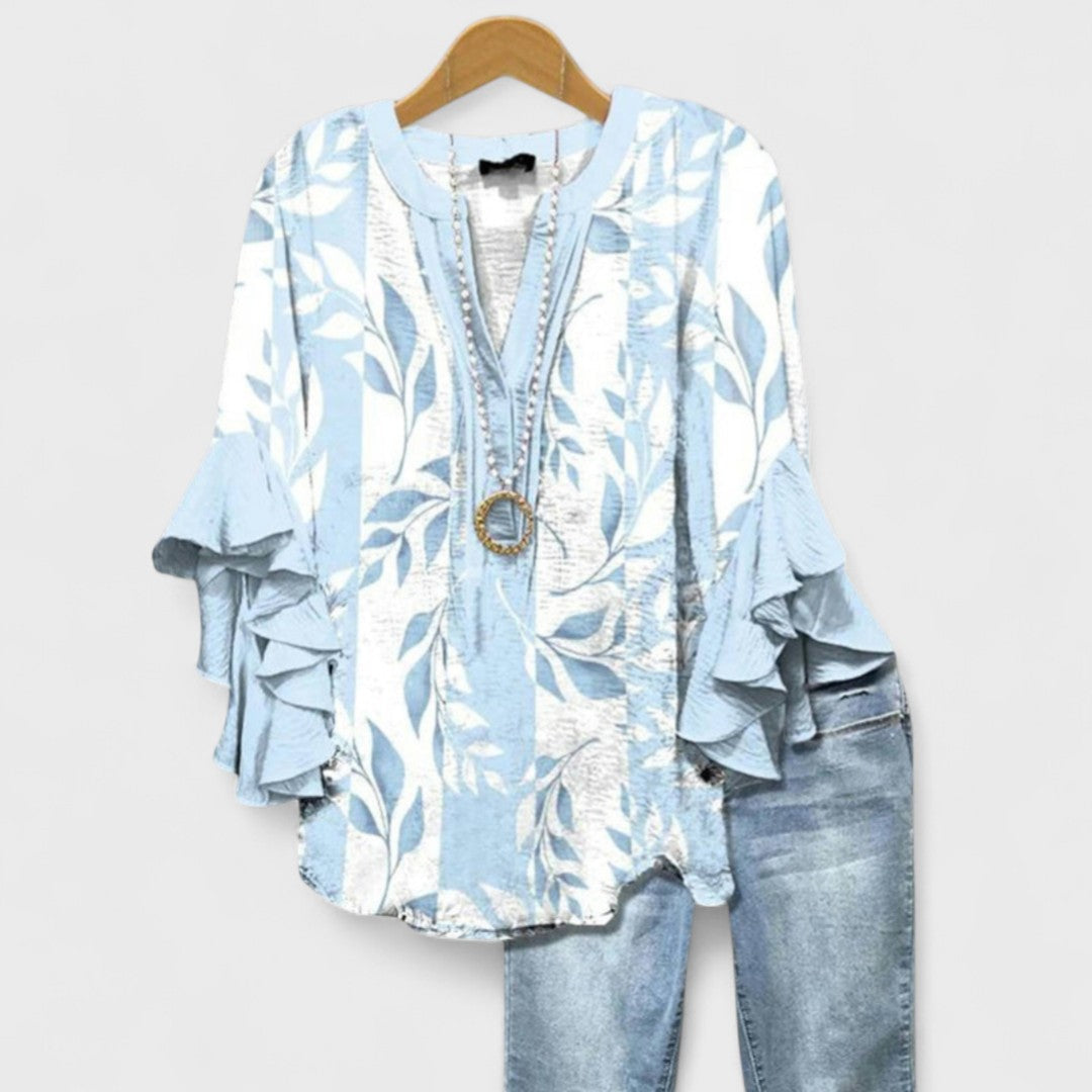 Women's Plus Size Blouse - V-Neck - Ruffled Sleeve - Striped
