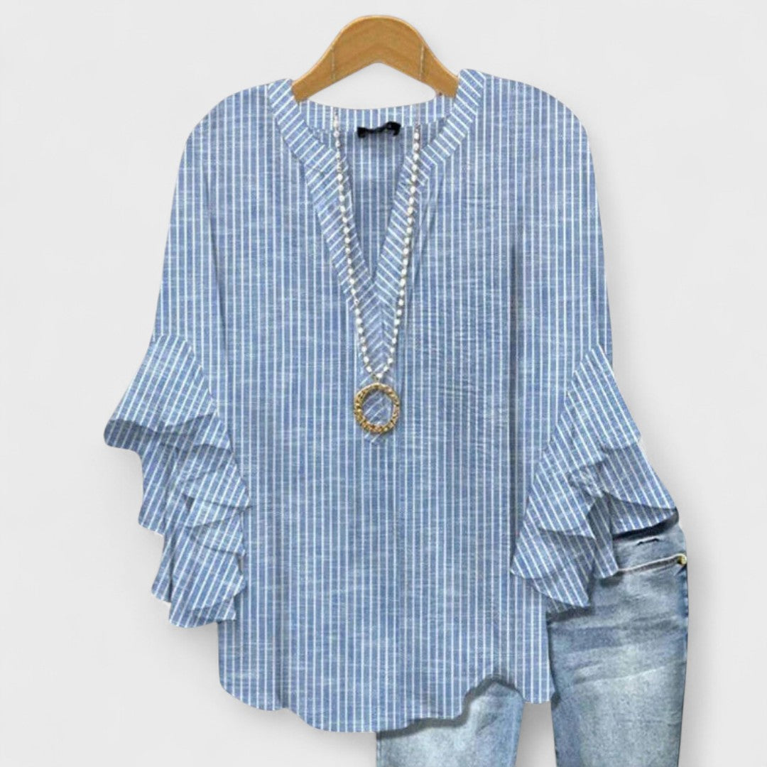 Women's Plus Size Blouse - V-Neck - Ruffled Sleeve - Striped