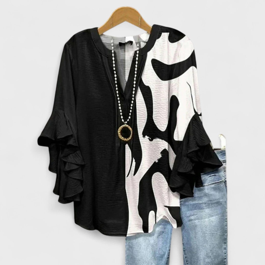 Women's Plus Size Blouse - V-Neck - Ruffled Sleeve - Striped