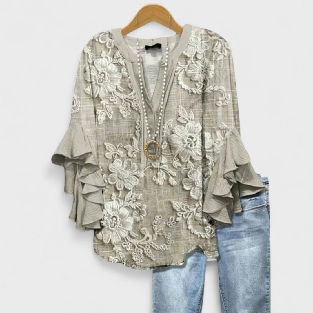 Women's Plus Size Blouse - V-Neck - Ruffled Sleeve - Striped