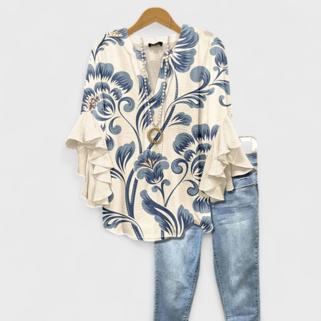 Women's Plus Size Blouse - V-Neck - Ruffled Sleeve - Striped