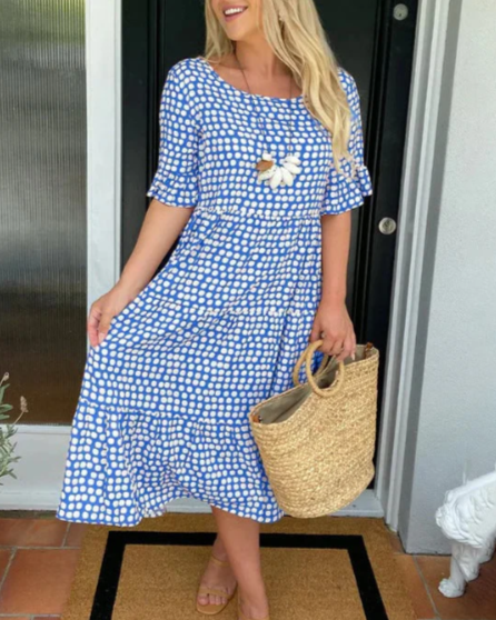 Women's Short-Sleeve Midi Dress - Relaxed Fit - Round Neck - Flowing Silhouette