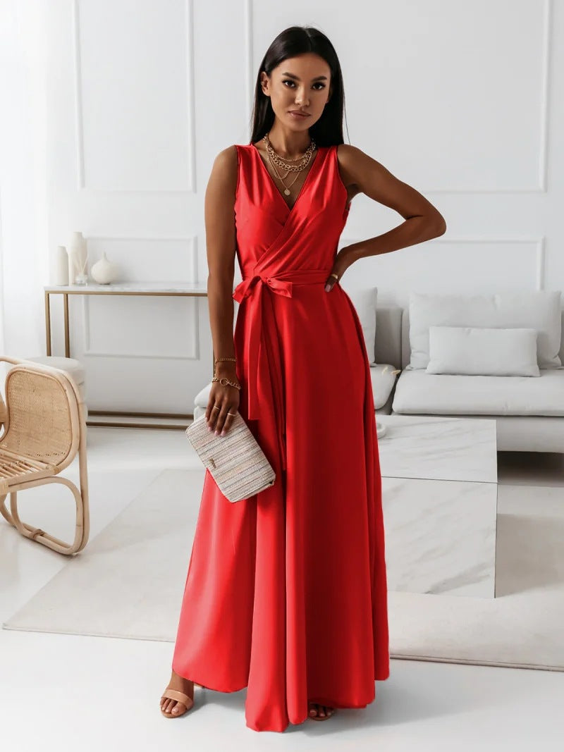 Women's Sleeveless Wrap Maxi Dress - Polyester - V-Neck - Special Occasions