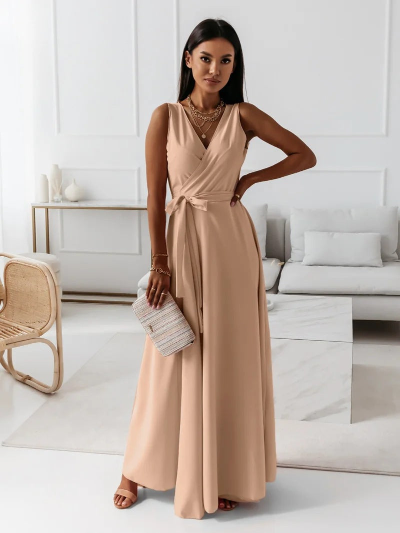 Women's Sleeveless Wrap Maxi Dress - Polyester - V-Neck - Special Occasions