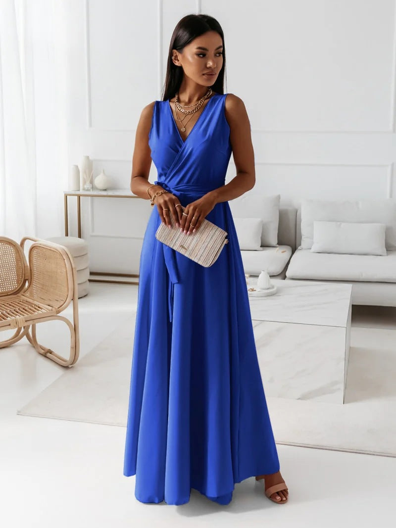 Women's Sleeveless Wrap Maxi Dress - Polyester - V-Neck - Special Occasions