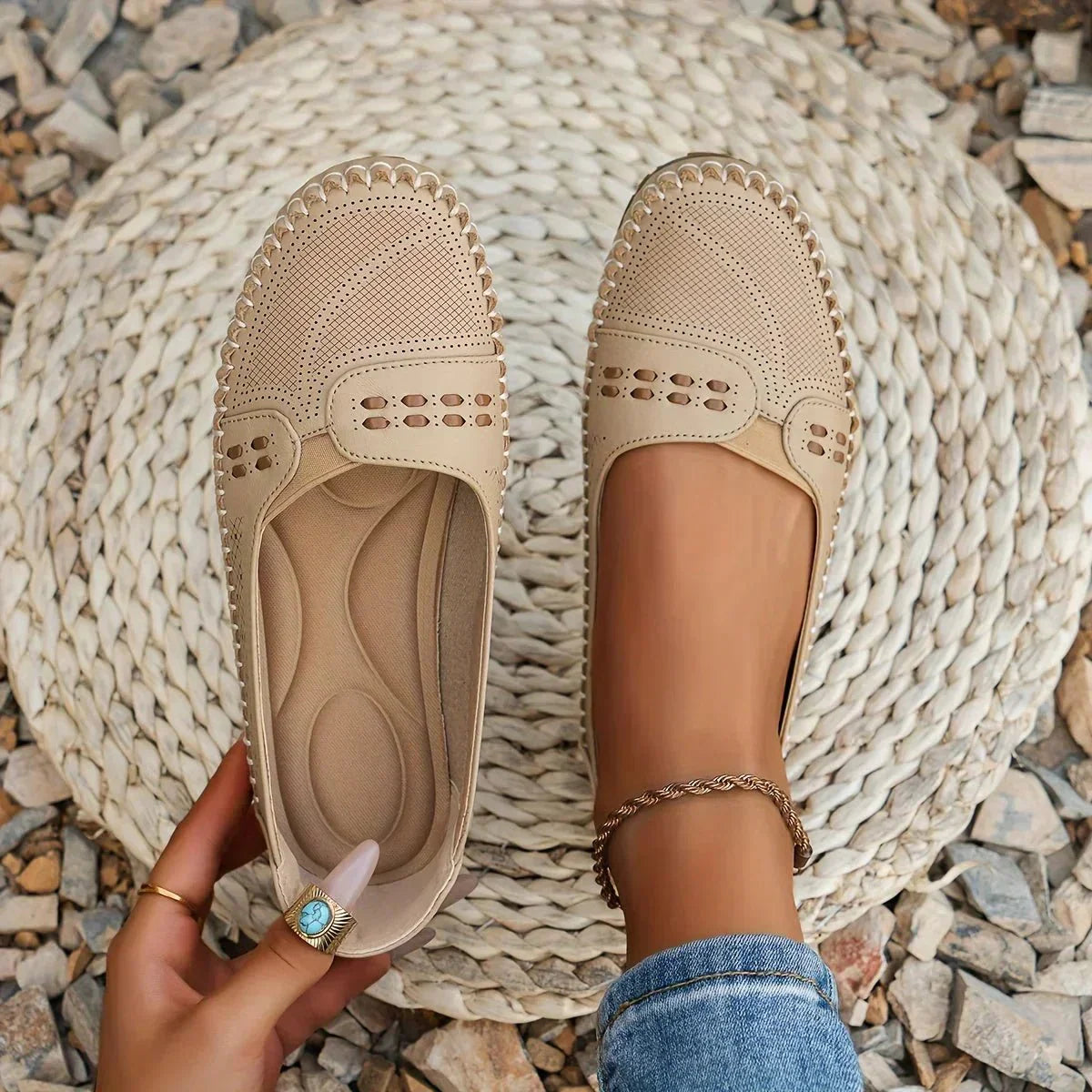 Women's Slip-On Flats - Perforated - PU - Loafer - Water-Resistant
