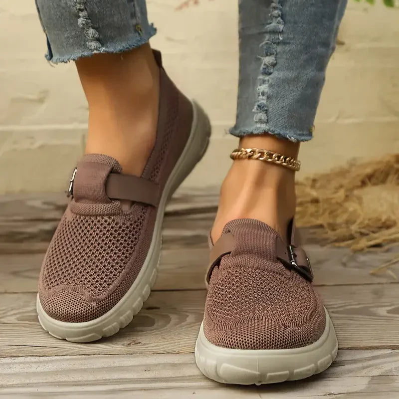 Women's Slip-On Sneakers - Knitted Mesh - Strap with Buckle - Cushioned