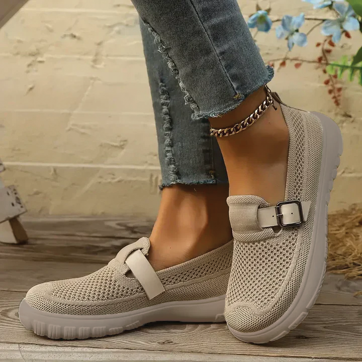 Women's Slip-On Sneakers - Knitted Mesh - Strap with Buckle - Cushioned