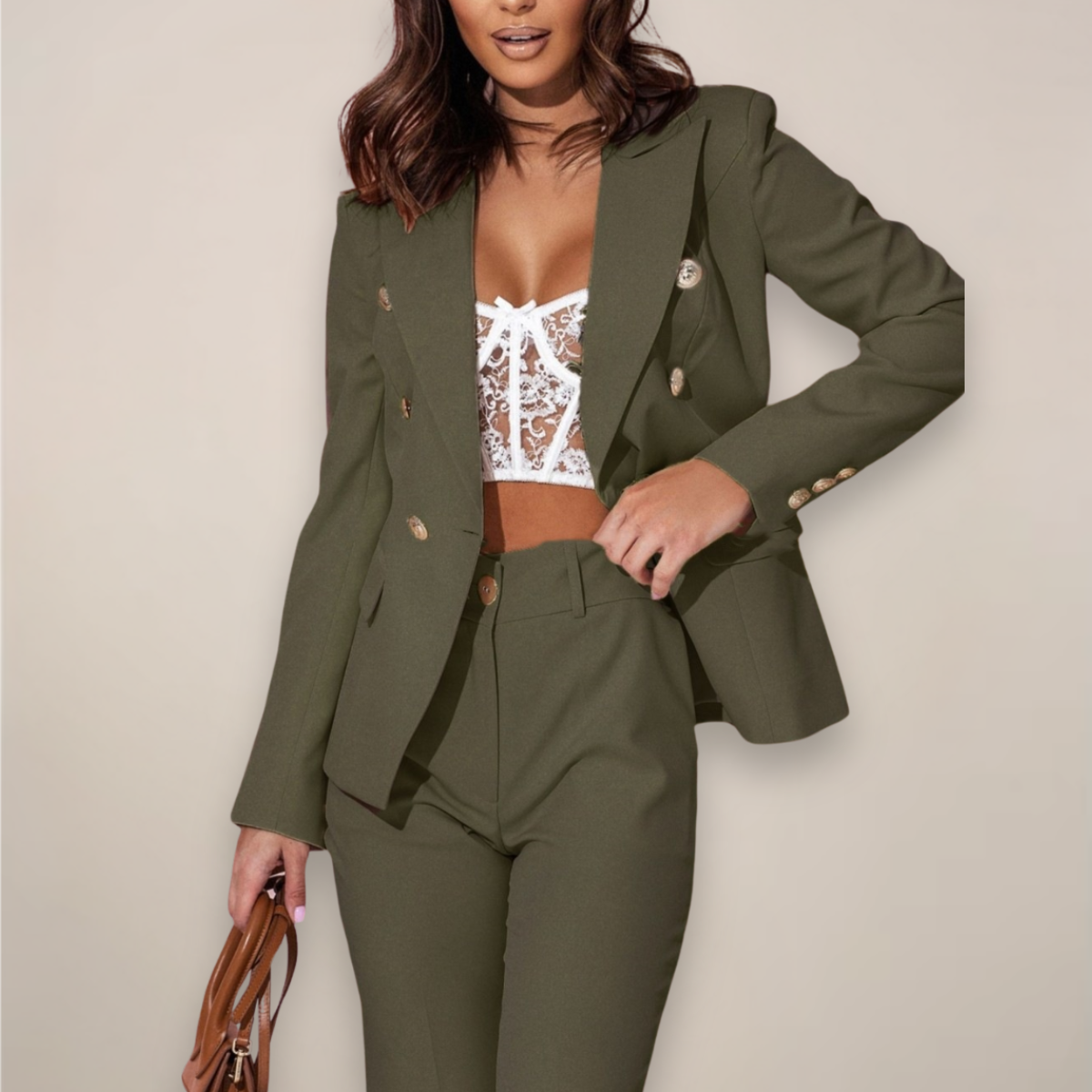 Women's Suit - Two-Piece Fitted Blazer and Tailored Trousers Set - Double-Breasted - Machine Washable