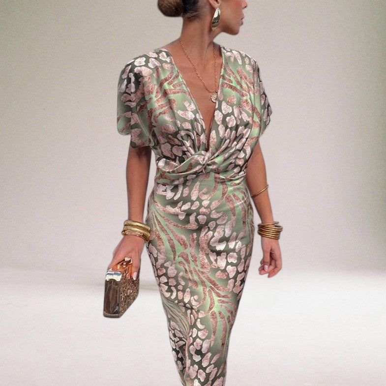 Women's Wrap Maxi Dress - Evening Style - Flowy Fit - Twisted V-Neck - Short Sleeve