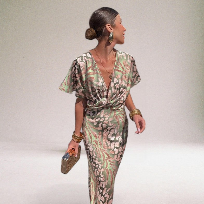 Women's Wrap Maxi Dress - Evening Style - Flowy Fit - Twisted V-Neck - Short Sleeve