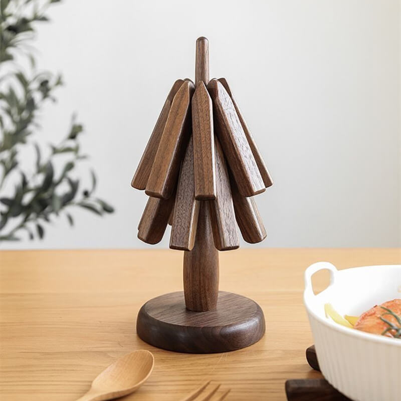 Wood Tree Design Trivet | Walnut Folding Coaster
