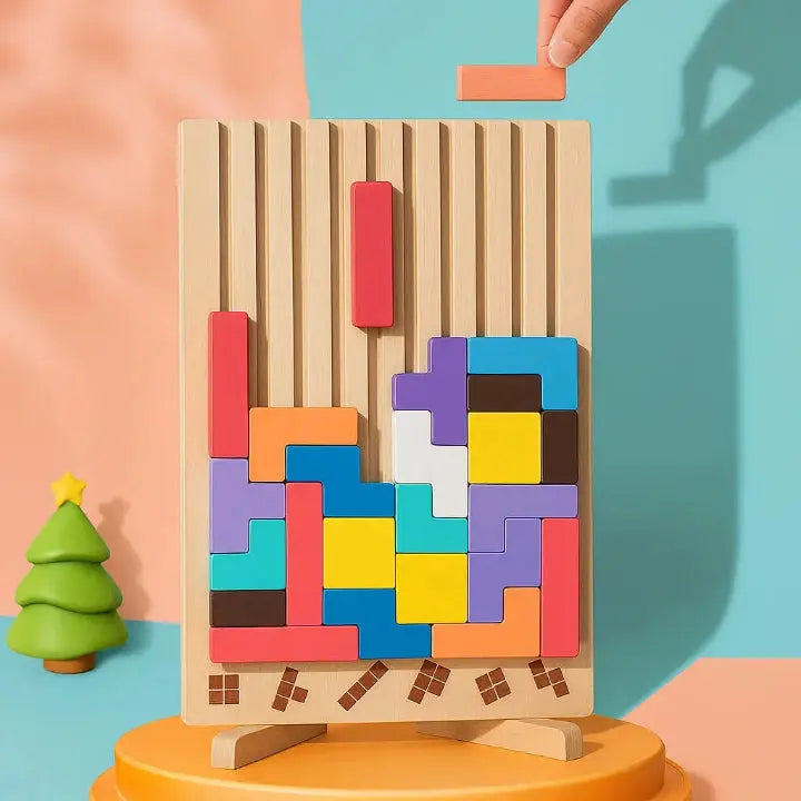 Wooden Block Puzzle | 40+ Tetris-Shape Pieces with 10 Pattern Cards | Upright Desk Stand for Quick Focus Breaks