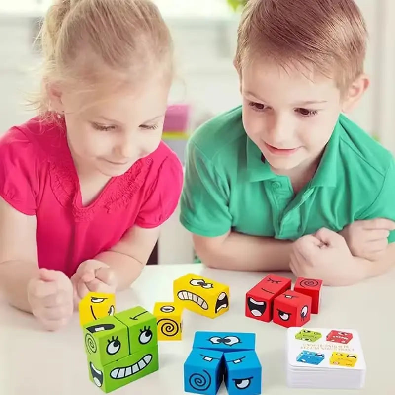 Wooden Building Blocks Emoji Non-Toxic Stackable with Water-Based Paint