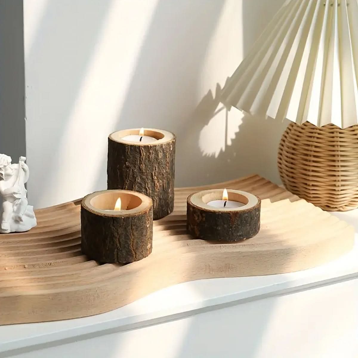 Wooden Candle Holders Decorative Rustic Tea Light with Glass Inserts