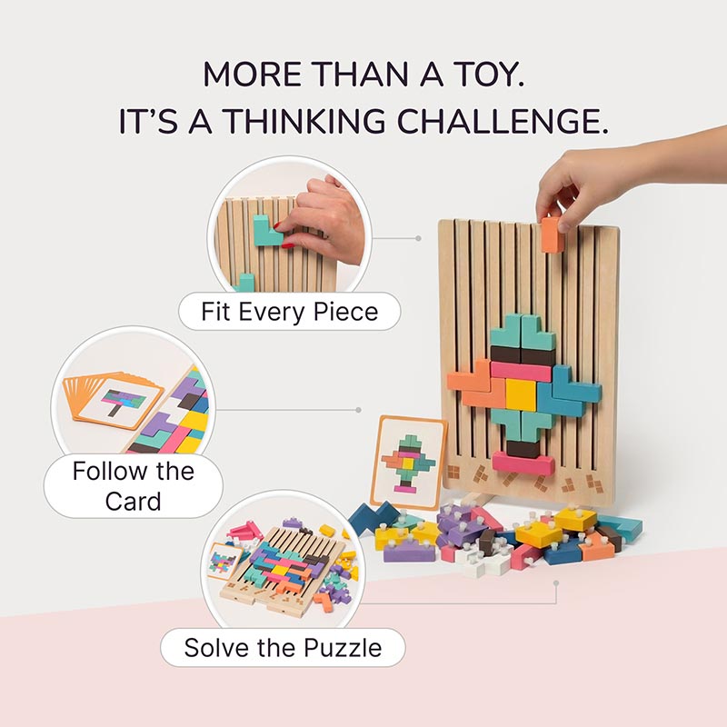 Wooden Shape Stacking Puzzle Set | 42 Pieces & 10 Double-Sided Challenge Cards | Builds Focus and Problem-Solving Skills