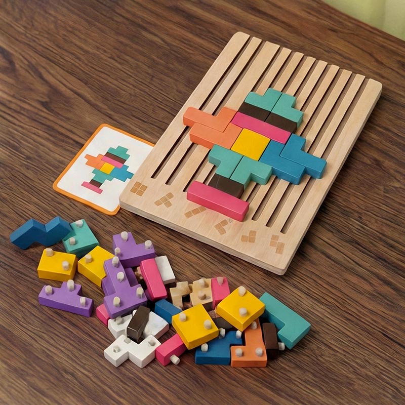 Wooden Shape Stacking Puzzle Set | 42 Pieces & 10 Double-Sided Challenge Cards | Builds Focus and Problem-Solving Skills