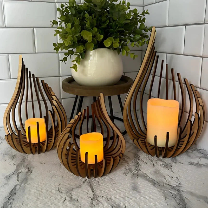 Wooden Teardrop Candle Holder | Hollow Carved Shadow Design | DIY Puzzle Assembly, Available in 4 Sizes