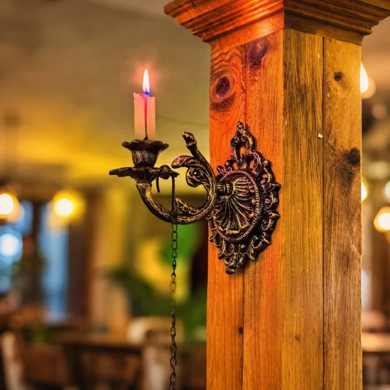 Wrought Iron Candle Sconce 18.5 x 18.5 x 13 cm | Ornate Scrollwork Wall Design | Holds Taper Candles & Doubles as Hook