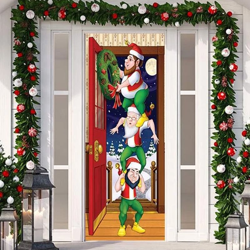 Christmas Door Cover Washable Reusable Lightweight Fabric with Quick Install 56