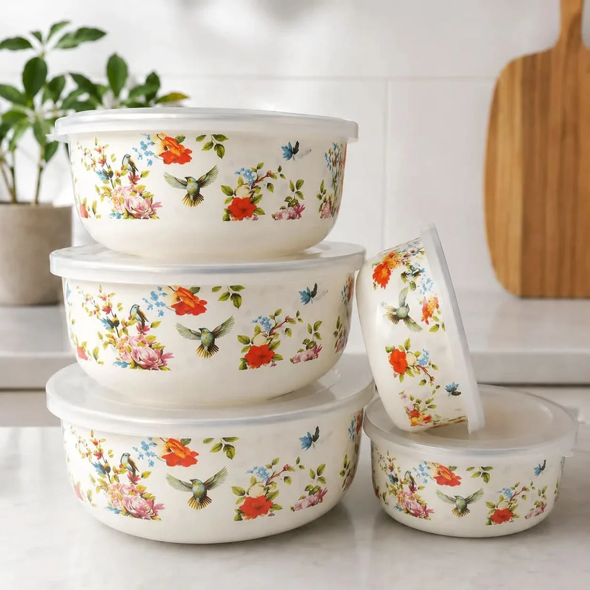 Storage Bowls Enamel Mixing Nestable Floral Deep with Lids Included 21