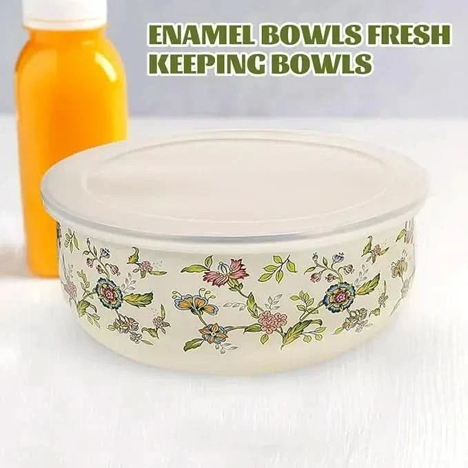 Storage Bowls Enamel Mixing Nestable Floral Deep with Lids Included 12