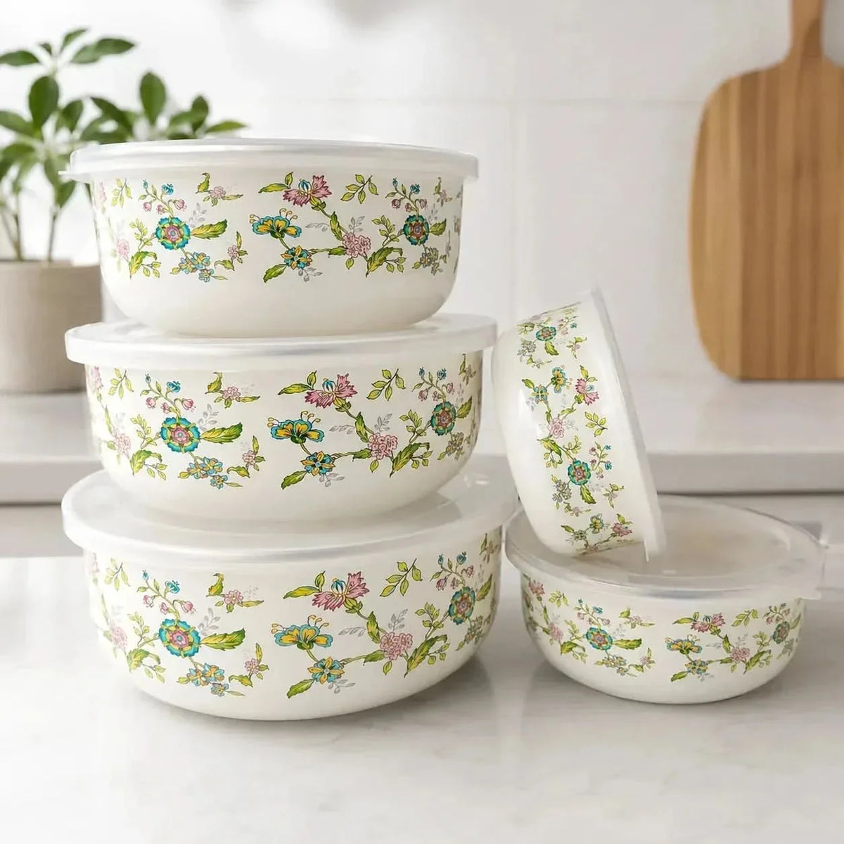 Storage Bowls Enamel Mixing Nestable Floral Deep with Lids Included 17