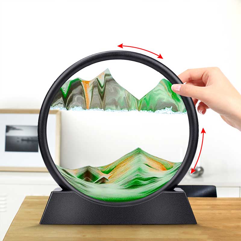 3D Sand Hourglass Timer | Circular Glass with Rotating Base | Moving Dune Landscape, Desk and Office Decor Gift 3