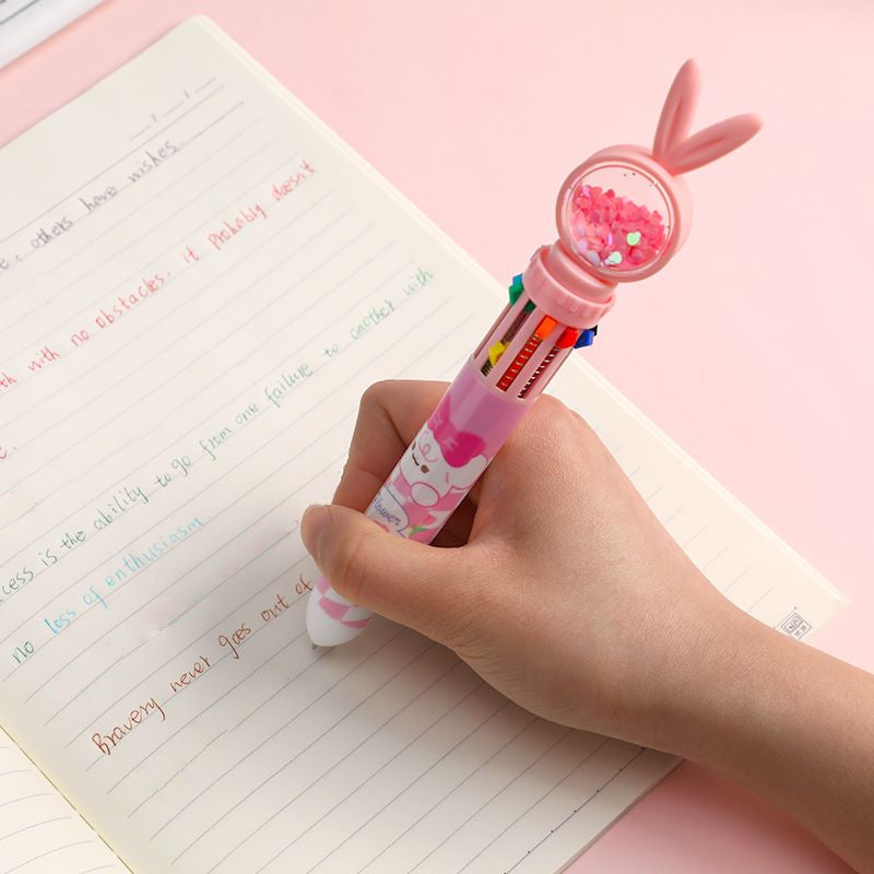 10-In-1 Rabbit Ballpoint Pen Plastic | Rotatable 3D Rabbit Top with 10 Ink Colours | Smooth Writing Gift for Women