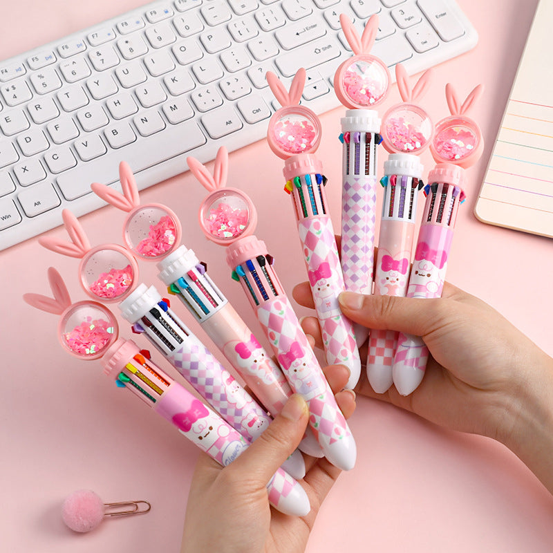10-In-1 Rabbit Ballpoint Pen Plastic | Rotatable 3D Rabbit Top with 10 Ink Colours | Smooth Writing Gift for Women