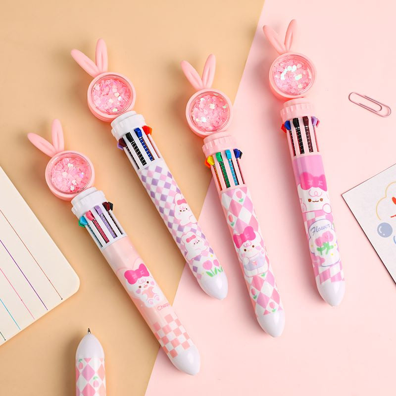 10-In-1 Rabbit Ballpoint Pen Plastic | Rotatable 3D Rabbit Top with 10 Ink Colours | Smooth Writing Gift for Women