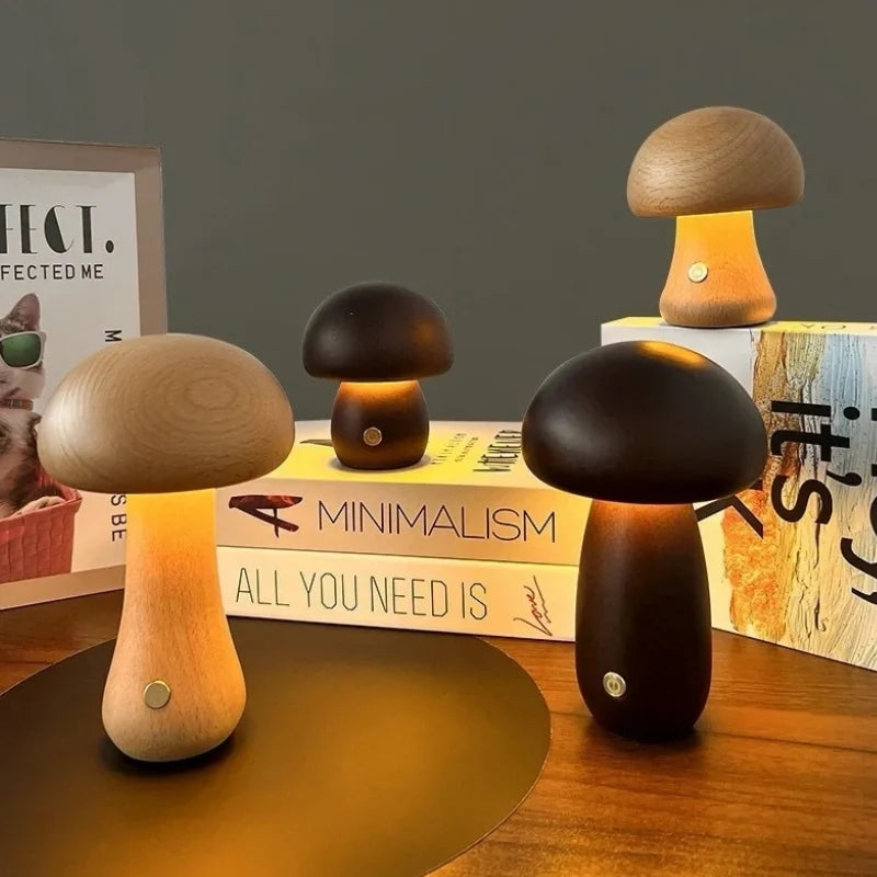 Wooden Mushroom Table Lamp Solid Wood | Cordless Rechargeable Dimmable Nightlight | Up to 10 Hours Warm White Glow 15