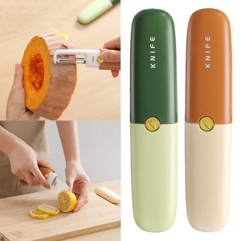 2-in-1 Peeler Cutter Stainless Steel Blade with Protective Sheath | Compact Kitchen Tool | Green, Orange, Grey