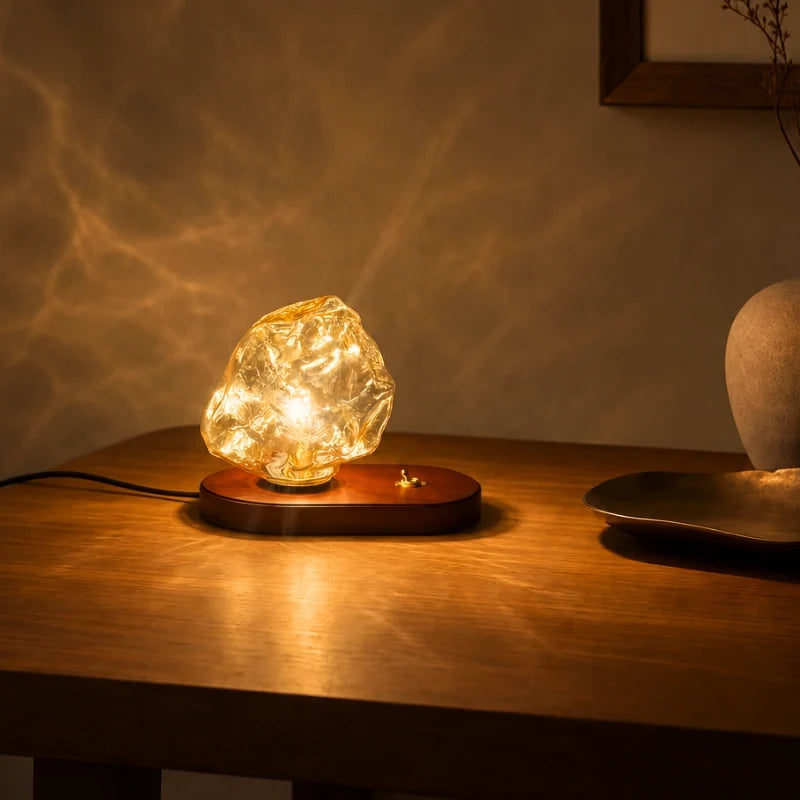 Amber Glass Table Lamp with Oak Base | Textured Glass Casts Warm Ripple Glow | Retro Toggle Switch Plug-In Lamp 6