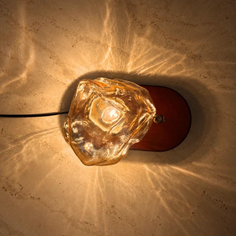 Amber Glass Table Lamp with Oak Base | Textured Glass Casts Warm Ripple Glow | Retro Toggle Switch Plug-In Lamp 7